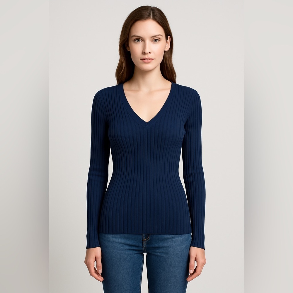 Sundance Navy Blue Ribbed V-Neck Sweater XS – Fitted Knit Top Y2K Minimalist